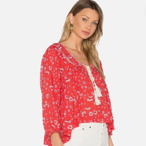 Free People | Never A Dull Moment Blouse Coral Red Peasant Floral Top | Size XS - Picture 2 of 10